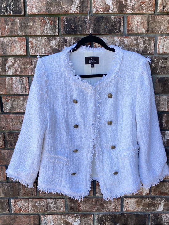 Luii Jackets & Blazers - Luii White Frayed Bouclé Double-Breasted Jacket